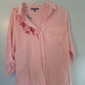 New Leaf NWT Button Down Flowy Pink White Stripe Blouse Shirt Pocket 1X Florals